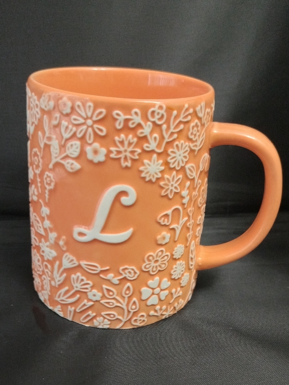 Monogram 'L' Coral Colored Ceramic Mug with White Floral Relief